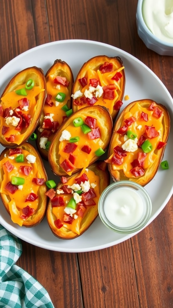Loaded Baked Potato Skins Recipe Crispy loaded baked potato skins topped with cheese, bacon, and green onions on a rustic wooden table.